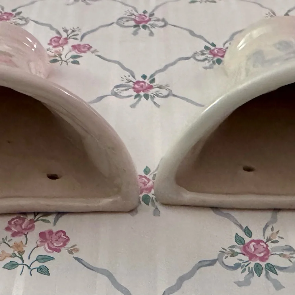 Pink Rose Ceramic Wall Pockets with Blue Ribbon Accents NOS